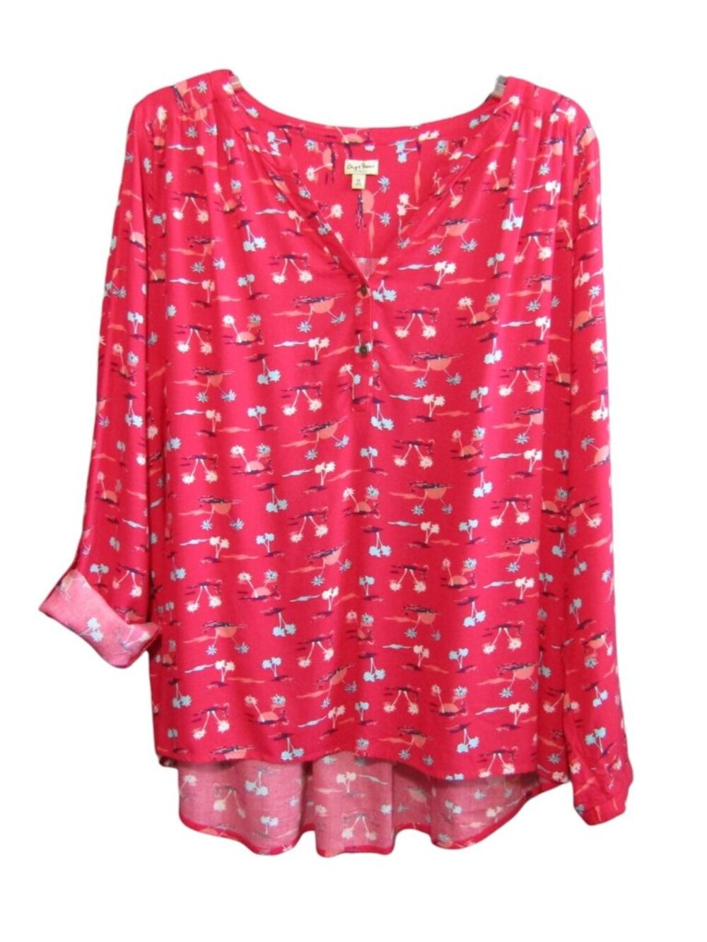 Chip & Pepper California Palm Tree Print Blouse Size M Pink Tropical Roll Tab